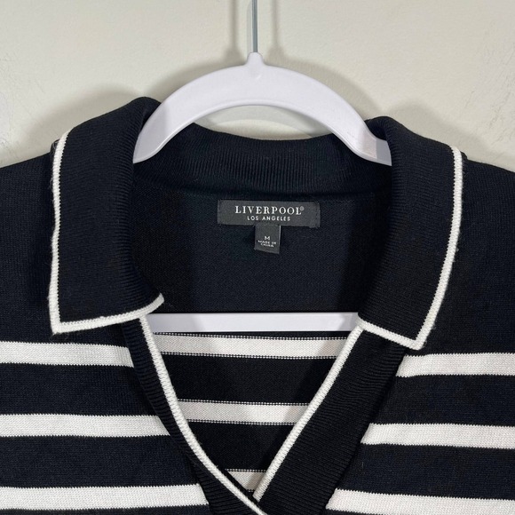 Liverpool Black White Striped Knit Polo Top‎ Womens Medium Short Sleeve Preppy - Picture 3 of 7